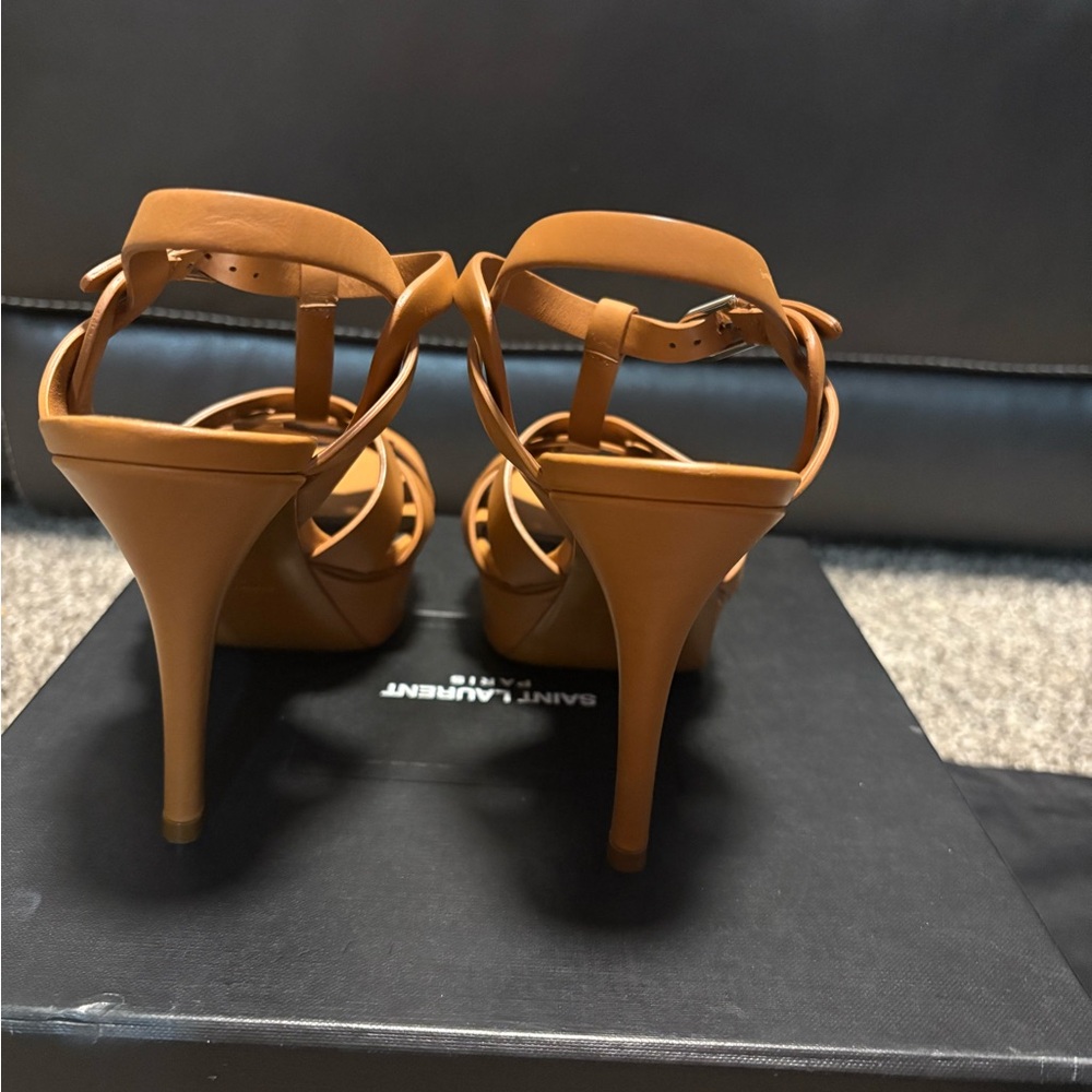 Saint Laurent Tan Leather T-Strap Platform Heels - Picture 6 of 11